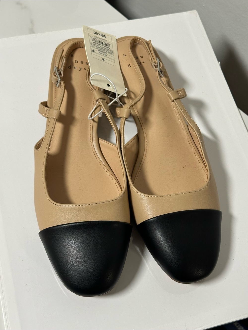 a new day Beige and Black Cap-Toe Slingback Flats